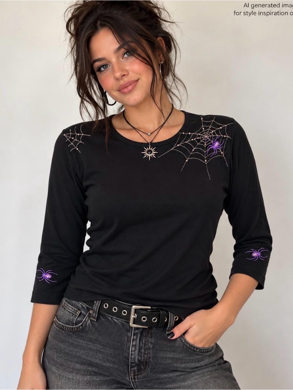 Vintage Y2K Halloween Goth CB Casual Black Spider Web Top Petite M